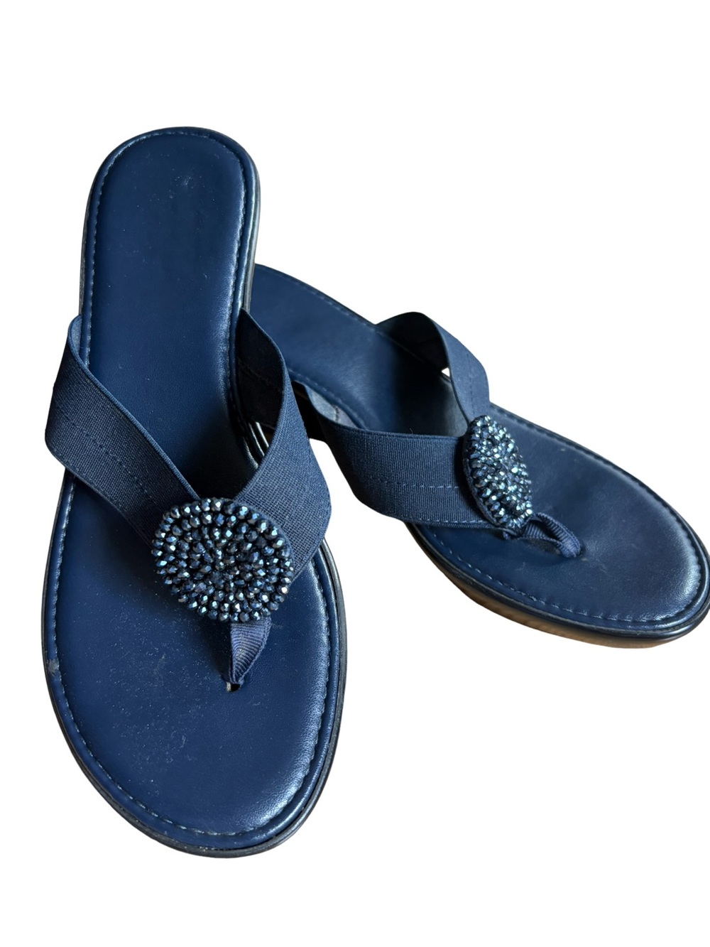 Italian Shoemakers sandals navy blue wedge with beaded circular accent size 7
